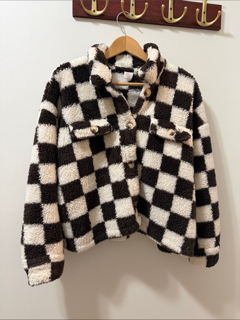 Kids Plush Checkered Sherpa Jacket - Black & Cream Size Xl (14-16)
